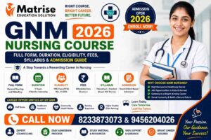 GNM Nursing Course 2026 admission guide banner with eligibility, fees, syllabus, duration and Matrise Education Solution contact details