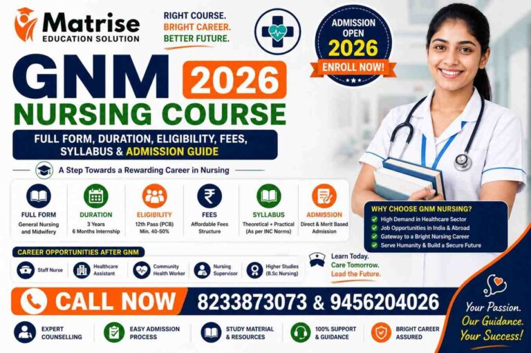 GNM Nursing Course 2026 admission guide banner with eligibility, fees, syllabus, duration and Matrise Education Solution contact details
