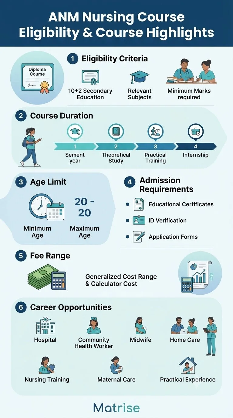 Infographic explaining ANM nursing course eligibility fees duration and admission process