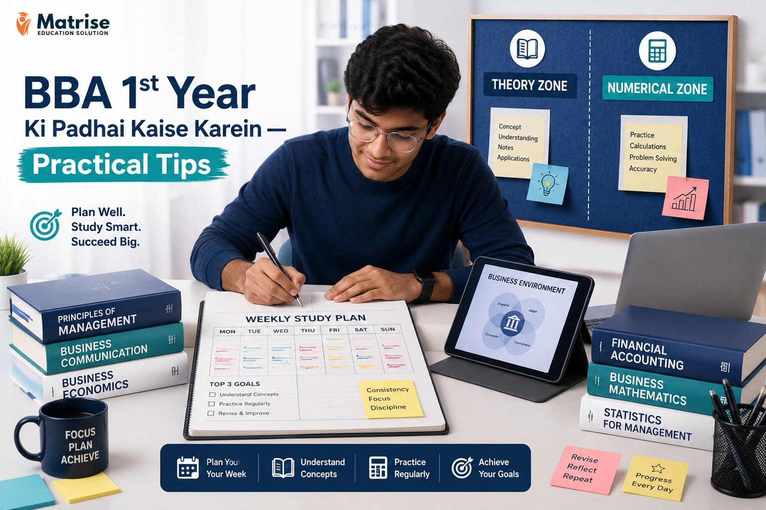 BBA 1st year study tips image showing a student planning notes, timetable, and subject-wise preparation strategy.